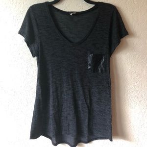 Black Knit Tee w/ Faux Leather Pocket